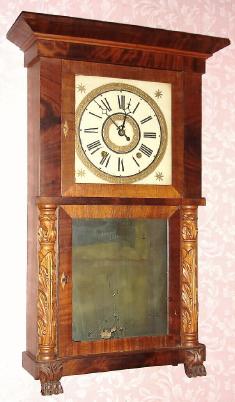 C.1836, E. W. Adams, Seneca Falls, Seneca County, New York, 30-hour time/strike, 2-deck, carved 1/2 column and cornice shelf clock.This is an over-paste on Marshall and Adams label. — Antique Clocks Price Guide