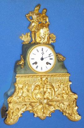 C1840, French, Ormolu and Bronze figural clock, a courtesan and his lady, in formal dress, the well made bell strike movement with silk thread suspension. — Antique Clocks Price Guide