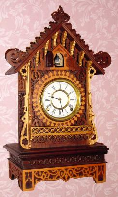 C.1866, (dated mov't) A. Frankfield and Co., New York, fretwork shelf cuckoo with Frankfield's modified Waterbury brass 8-day movement, dial and hands. — Antique Clocks Price Guide
