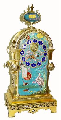 C.1890, French, Japy, for the Asian Market, a large architectural dore bronze case with hand painted porcelain panel and top urn, 8-day time and strike, exposed Brocot 'scape. — Antique Clocks Price Guide