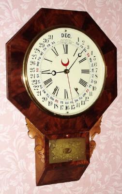 C.1865, William L. Gilbert Clock Co., Winsted, Conn., "Maranville Octagon Drop Calendar", 8-day time and strike calendar clock, restored. — Antique Clocks Price Guide