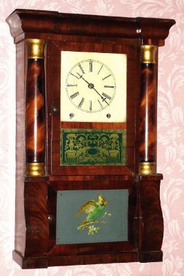 C.1860, New Haven Clock Co., 8-day time and gong strike, miniature column and cornice shelf clock. — Antique Clocks Price Guide