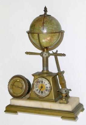 C.1880, Novelty Timepiece French Industry series, nautical themes and a rotating globe surmounting the clock, barometer to the left and compass to the right. — Antique Clocks Price Guide
