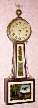 C.1835, Unsigned, Boston area Banjo clock, 8-day weight driven, with original tablets, the lower a tribute to Tom Jefferson and John Adams. — Antique Clocks Price Guide