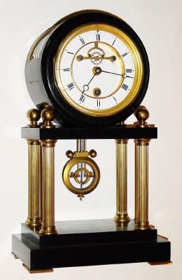 C.1880, French, YEAR CLOCK, the unusual movement with 5 large spring barrels, all wound from a single central arbor above 6pm, the dial with brocot escapement on the dial. — Antique Clocks Price Guide