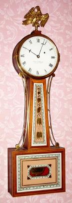 C.1969, (dated) Elmer O. Stennes, Cross Banded Banjo, single weight timepiece with geometric tablets. — Antique Clocks Price Guide