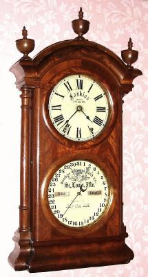 C.1877, Southern Calendar Clock Co., St. Louis, FASHION No. 2, walnut cased, double dial perpetual calendar clock. — Antique Clocks Price Guide