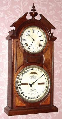 C.1874, Ithaca Calendar Clock Co., "No. 8 Shelf Library", 8-day time and strike, double dial perpetual calendar, walnut. — Antique Clocks Price Guide