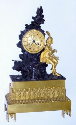 C.1840, French, Duband a Beaune, Ormolu and Bronze waterfall automaton, 8-day bell strike with silk suspension. The separate movement for the waterfall is wound just beside the twisty glass. — Antique Clocks Price Guide