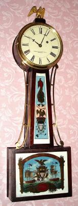 C.1910, Derry Mfg, Derry, NH, Weight Banjo, 8-day with Hull naval tablets, mahogany case, for Bigelow and Kennard, Boston. — Antique Clocks Price Guide