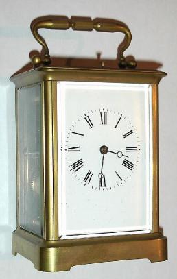 C.1900, French, Brass Cased Carriage Clock, in a simple Corniche case, time, strike and repeat, and with original cylinder platform intact. — Antique Clocks Price Guide