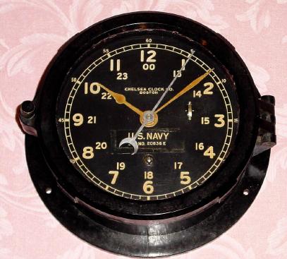 C.1942, Chelsea Clock Co., 8-day U.S. Navy ward or engine room timepiece, No. 20836E on dial. — Antique Clocks Price Guide