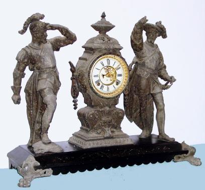 C.1894, Ansonia Clock Co., PIZARRO and CORTEZ, double statue figural clock, 8-day gong strike, open escapement on dial. — Antique Clocks Price Guide