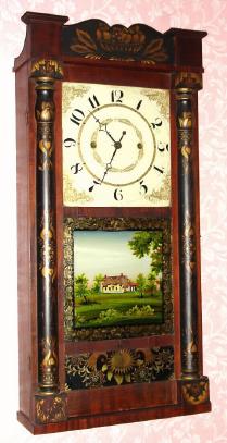 C.1830, Eli and George W. Bartholomew, Bristol, Conn, stenciled half column and splat, 30 hour wood works, time and strike. — Antique Clocks Price Guide