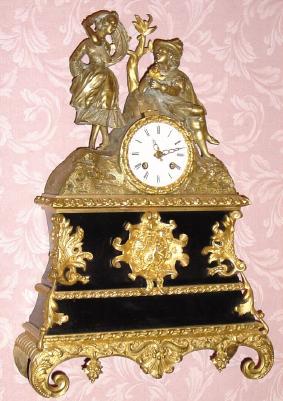 C.1840, French, Linet, a'Paris, THE PROPOSAL, ormolu figural clock, 8-day, bell strike. — Antique Clocks Price Guide