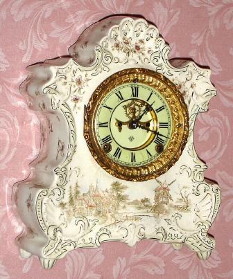C.1901, Ansonia Clock Co., 8-day time and strike porcelain clock with open escapement, probably a promotional model for a wringer company. — Antique Clocks Price Guide