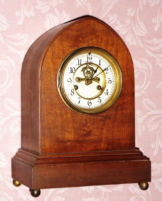 C.1910, Waterbury Clock Co., "Sussex", 8-day time and strike mantel clock in mahogany, open escapement on the dial.. — Antique Clocks Price Guide
