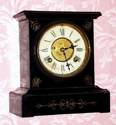 C.1890, New Haven Clock Co., "Florence", 8-day time and gong strike enameled iron case mantel clock with open escapement on the dial. — Antique Clocks Price Guide