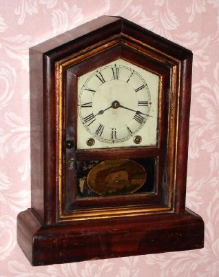 C.1880, New Haven Clock Co., 8-Day Cottage, similar to Gem or Tuscan, with deep molded base and gilt trim. — Antique Clocks Price Guide