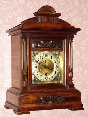 C.1905, German, Junghans, Westminster chime bracket clock in walnut with composite dial, with Nouveau spandrels. — Antique Clocks Price Guide
