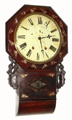 C.1870, Anglo-American Octagon Drop, school house clock, 8-day time and bell strike, in a mahogany case with MOP inlay. — Antique Clocks Price Guide