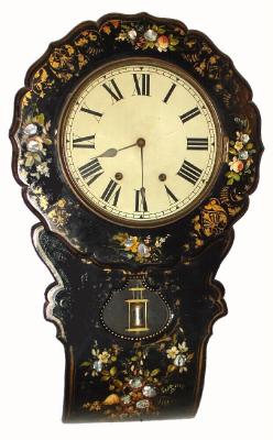 C.1870, Anglo-American, 8-day time and bell strike papier-mache with MOP school house style wall clock. — Antique Clocks Price Guide
