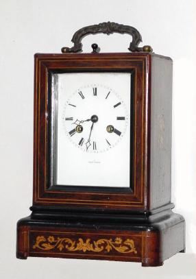 C.1840, French, Leroy and Cie, Inlaid Rosewood, portable boudoir clock with carry handle, 8-day bell strike, silk suspension. — Antique Clocks Price Guide
