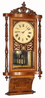 C.1870, Anglo-American, 8-day time and bell strike wall clock, English parlor style, with mirror behind pendulum. — Antique Clocks Price Guide