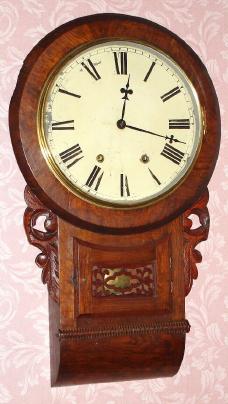 C.1870, Anglo-American, 8-day time and gong strike, round drop schoolhouse wall clock. — Antique Clocks Price Guide