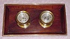 C.1955, Chelsea Clock Co., Ship's Bell and Barometer  set, 4" dials, mounted to a mahogany, brass bound frame, clock retailed by Geo. E. Butler Co, San Francisco . 
