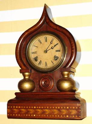 C.1870, E. Ingraham and Co, Oriental Mosaic, walnut with inlay, 8-day time and strike shelf clock. — Antique Clocks Price Guide