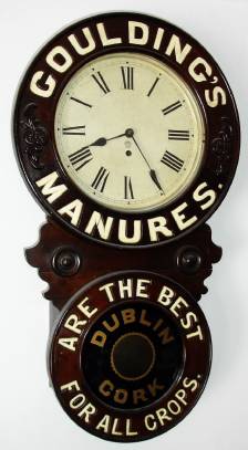 C.1890, New Haven Clock Co,  "Goulding Regulator" ad clock for  Goulding's Manures,are the Best for All Crops.  8-day spring would timepiece. — Antique Clocks Price Guide