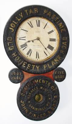 C.1890, Baird Clock Co., Plattsburgh, NY, ad clock for "Jolly Tar Pastime  No. 150; Old Honesty Plank Rd, John Finzer Bros",, 8-day spring timepiece, with Seth Thomas mov't. — Antique Clocks Price Guide