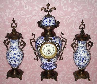 C.1900, French, Blue-White Porcelain, 3-Piece mantel set with brass trimmings, 8-day timepiece. — Antique Clocks Price Guide