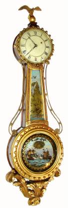 C.1935, American Girandole, attributed to Joseph Conlon, 8-day weight driven timepiece, in the pattern made famous by Lemuel Curtis, and with a C.1890 movement by E. Howard, convex dial and curved hands. — Antique Clocks Price Guide