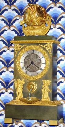 C.1830, French, 8-day time and bell strike silk thread suspension fountain or automaton mantel clock. Glass tube that extends from the lions mouth rotates by a separate spring mechanism in the base to simulate a fountain of water. — Antique Clocks Price Guide
