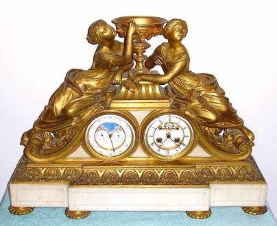 C.1880, French, Ormolu and Marble, Double Figure mantel clock with double dial perpetual calendar, 8-day. — Antique Clocks Price Guide