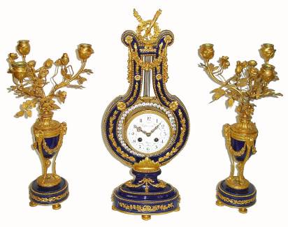 C.1890, French, Cobalt Blue Lyre clock with matching garnitures, also with cobalt blue bases [3 pieces]. — Antique Clocks Price Guide