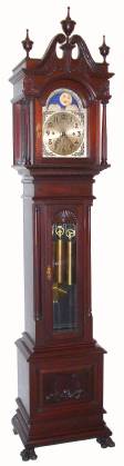 C.1913, Seth Thomas Clock Co., Model 2274 Sonora,  8-day, 3-wt, chiming longcase, with painted brass dial and rolling moon, mahogany case with turned and reeded side columns and carved paw feet, removable hood. — Antique Clocks Price Guide