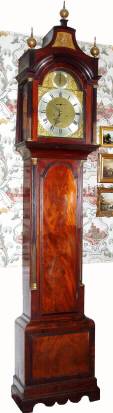 C.1780, English, Fladgate, London, Brass dial tall case in a nice mahogany veneer case with tombstone door, and reeded side columns, 2-wt bell strike, 8-day. — Antique Clocks Price Guide