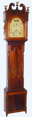 C.1825, Silas Hoadley, Plymouth, Conn, 8-Day Wooden Works, now fitted into an attractive mahogany case with full twisty columns on the trunk and hood, qtr columns on the base. Case probably originated in Ohio or western NY State. — Antique Clocks Price Guide