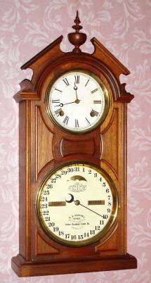 C.1880, Ithaca Calendar Clock Co., New York, No. 8, Shelf Library, perpetual double dial calendar in a walnut case. — Antique Clocks Price Guide