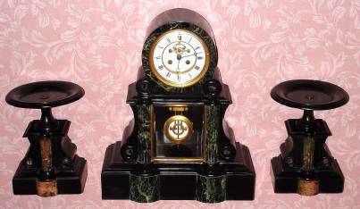 C.1890, French, Unsigned, Black marble and onyx 3-piece mantel clock set, with open escapement and Ellicott pendulum. — Antique Clocks Price Guide