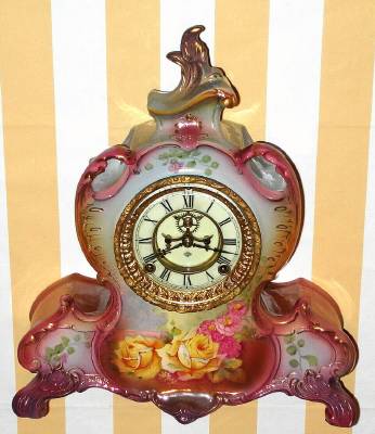 C.1904, Ansonia Clock Co., Royal Bonn, "La Vendee", 8-day time/strike porcelain mantel clock. — Antique Clocks Price Guide