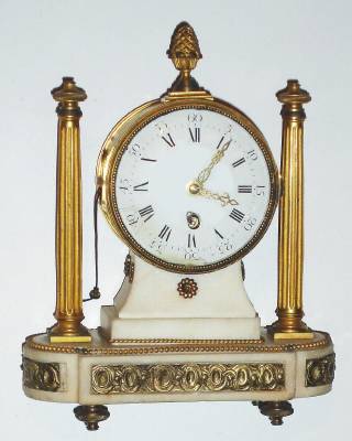 C.1815, French, Pinwheel Boudoir clock, time and pull alarm, silk thread susp, marble and ormolu case. — Antique Clocks Price Guide