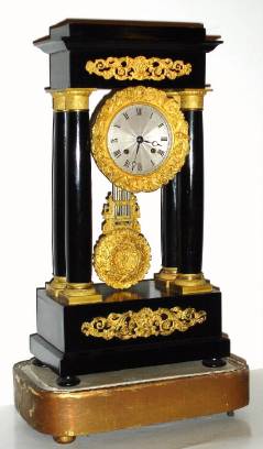 C.1870, French, 4-Column Empire style mantel clock with base and repaired glass dome. — Antique Clocks Price Guide