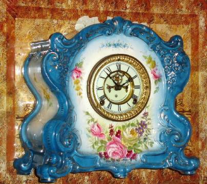 C.1901, Ansonia Clock Co., "La Cantal", 8-day time/strike porcelain mantel clock with open escapement dial. — Antique Clocks Price Guide