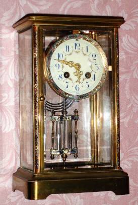 C.1900, French, 4-glass Crystal Regulator, 8-day time and gong strike, with cloisonne enamel on bezel, side columns and pendulum,. — Antique Clocks Price Guide