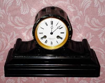 C.1900, French, Japy Freres, 8-day time and bell strike, small marble tambour clock, black and mottled green. — Antique Clocks Price Guide