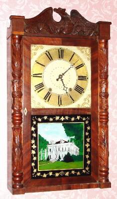 C.1830, Riley Whiting, Winchester, Conn., 30-hour time/strike wood movement, carved column shelf clock. — Antique Clocks Price Guide